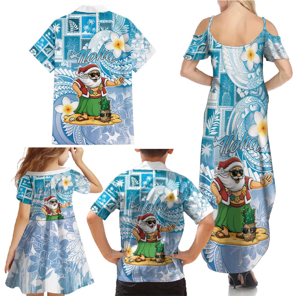 Hawaii Mele Kalikimaka Family Matching Summer Maxi Dress and Hawaiian Shirt Hula Santa Retro Style Blue - Polynesian Pride