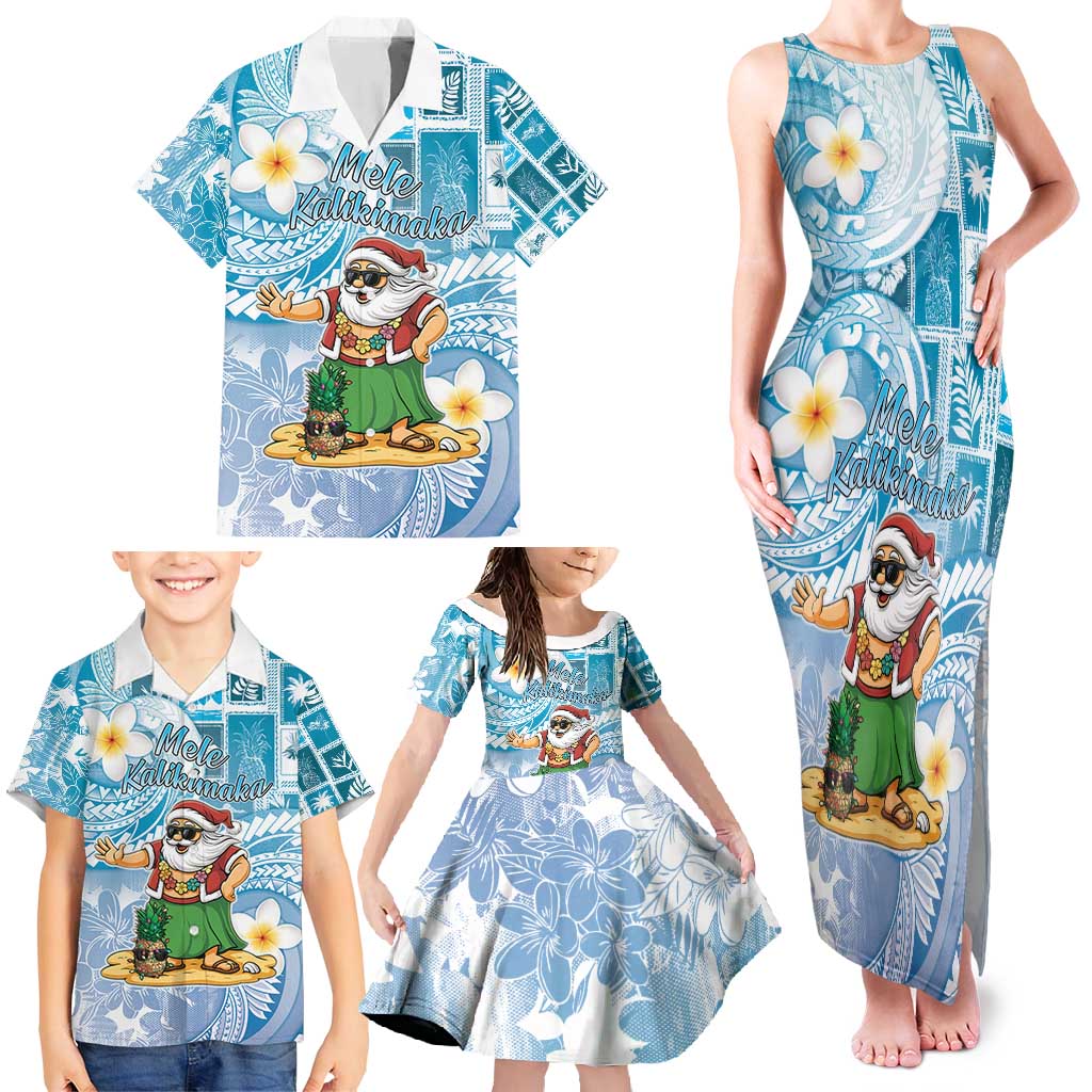 Hawaii Mele Kalikimaka Family Matching Tank Maxi Dress and Hawaiian Shirt Hula Santa Retro Style Blue - Polynesian Pride