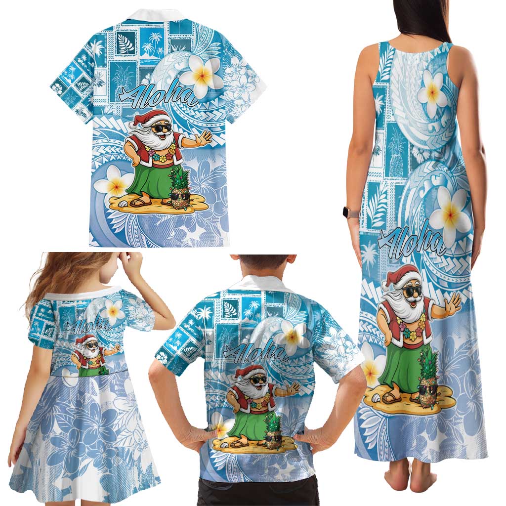 Hawaii Mele Kalikimaka Family Matching Tank Maxi Dress and Hawaiian Shirt Hula Santa Retro Style Blue - Polynesian Pride