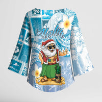 Hawaii Mele Kalikimaka Kimono Sleeve Blouse Hula Santa Retro Style Blue - Polynesian Pride