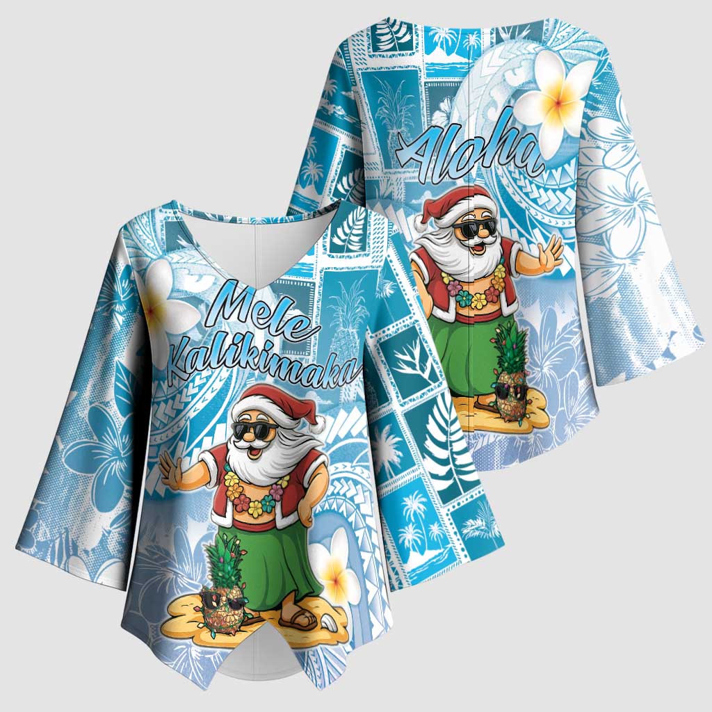 Hawaii Mele Kalikimaka Kimono Sleeve Blouse Hula Santa Retro Style Blue - Polynesian Pride