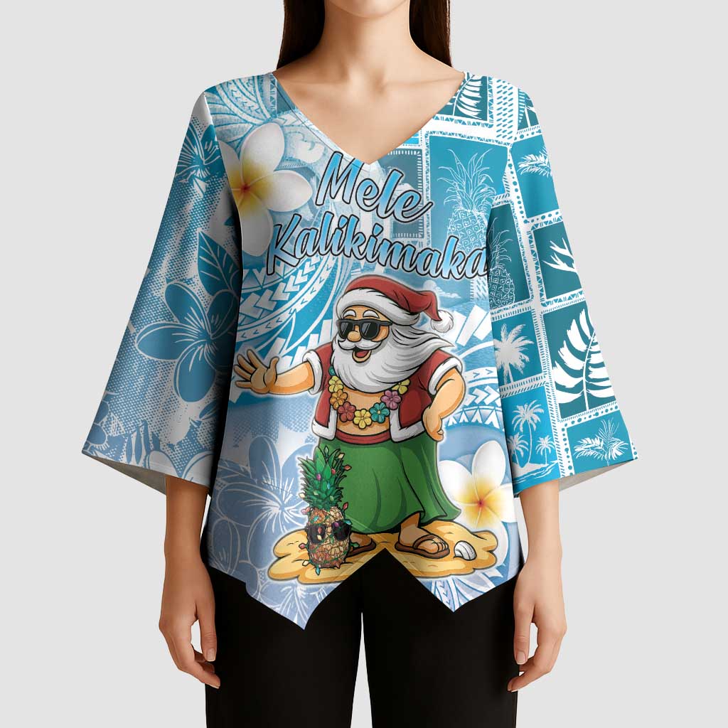 Hawaii Mele Kalikimaka Kimono Sleeve Blouse Hula Santa Retro Style Blue - Polynesian Pride