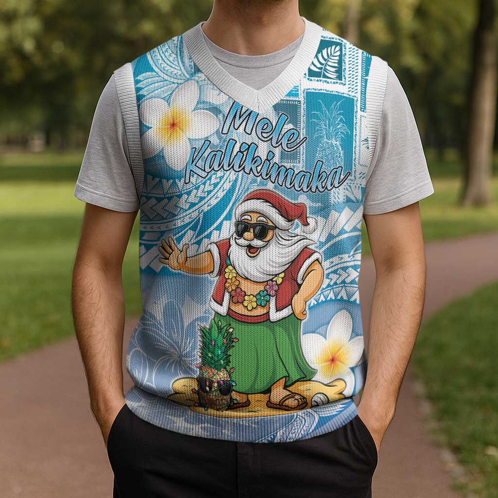Hawaii Mele Kalikimaka Christmas Knitted V-Neck Vest Hula Santa Retro Style Blue - Polynesian Pride