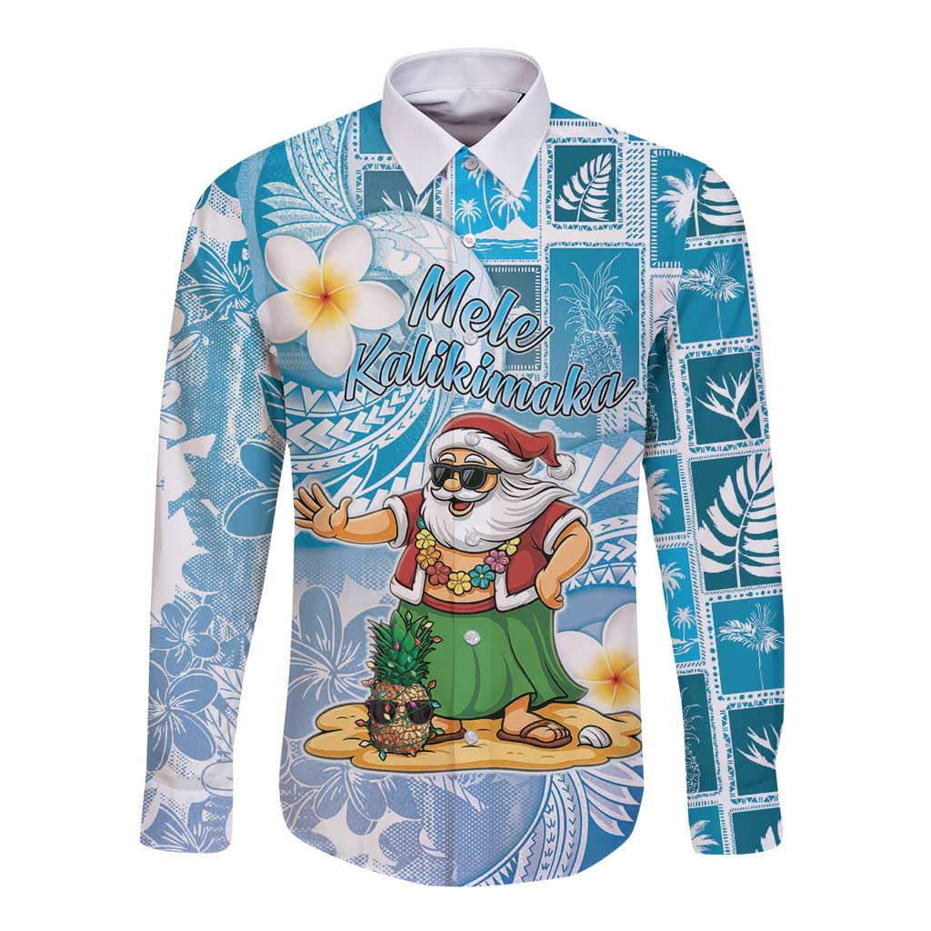 Hawaii Mele Kalikimaka Long Sleeve Button Shirt Hula Santa Retro Style Blue - Polynesian Pride