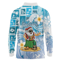 Hawaii Mele Kalikimaka Long Sleeve Polo Shirt Hula Santa Retro Style Blue - Polynesian Pride