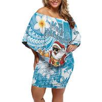 Hawaii Mele Kalikimaka Off Shoulder Short Dress Hula Santa Retro Style Blue - Polynesian Pride