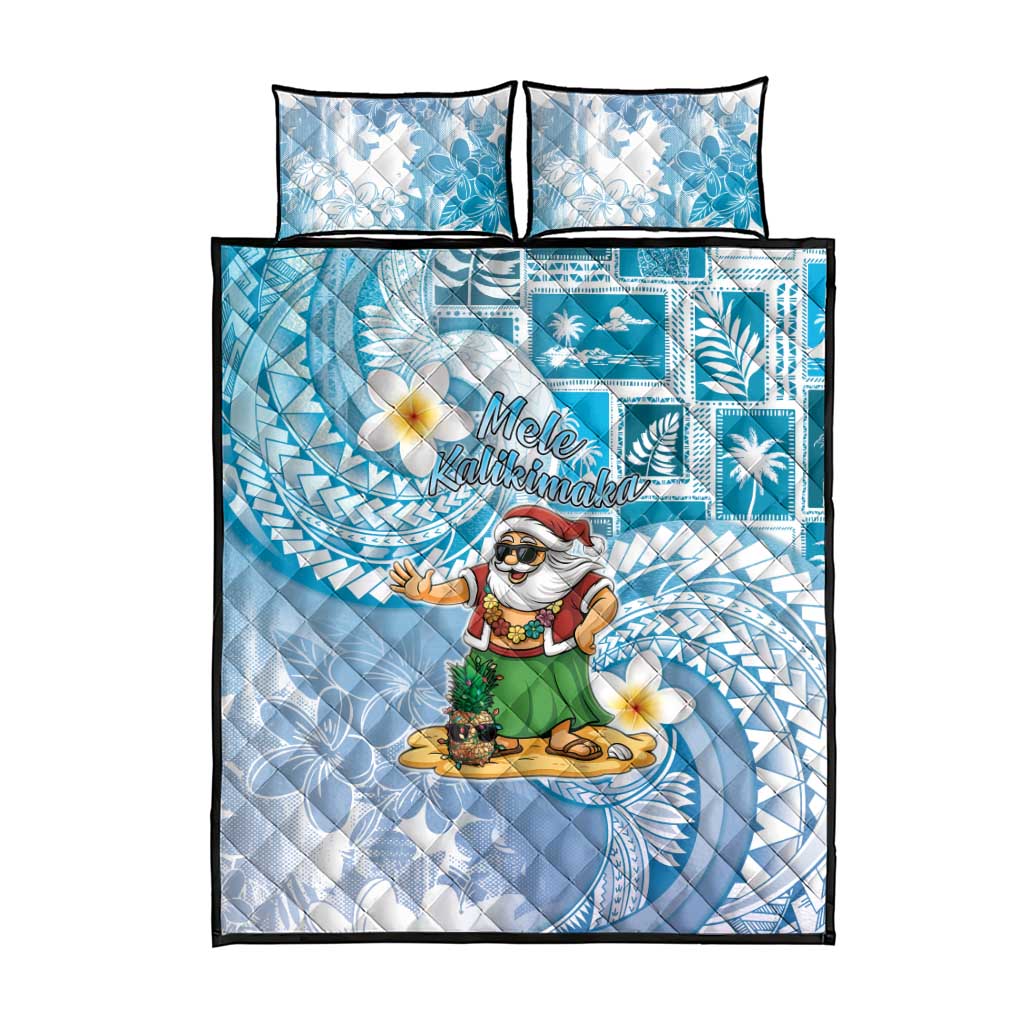 Hawaii Mele Kalikimaka Quilt Bed Set Hula Santa Retro Style Blue - Polynesian Pride