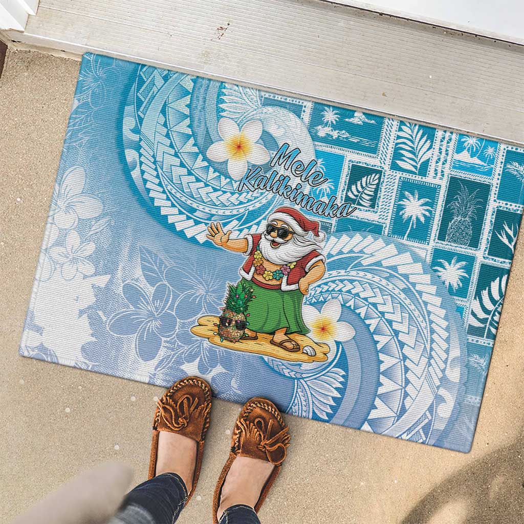 Hawaii Mele Kalikimaka Rubber Doormat Hula Santa Retro Style Blue - Polynesian Pride