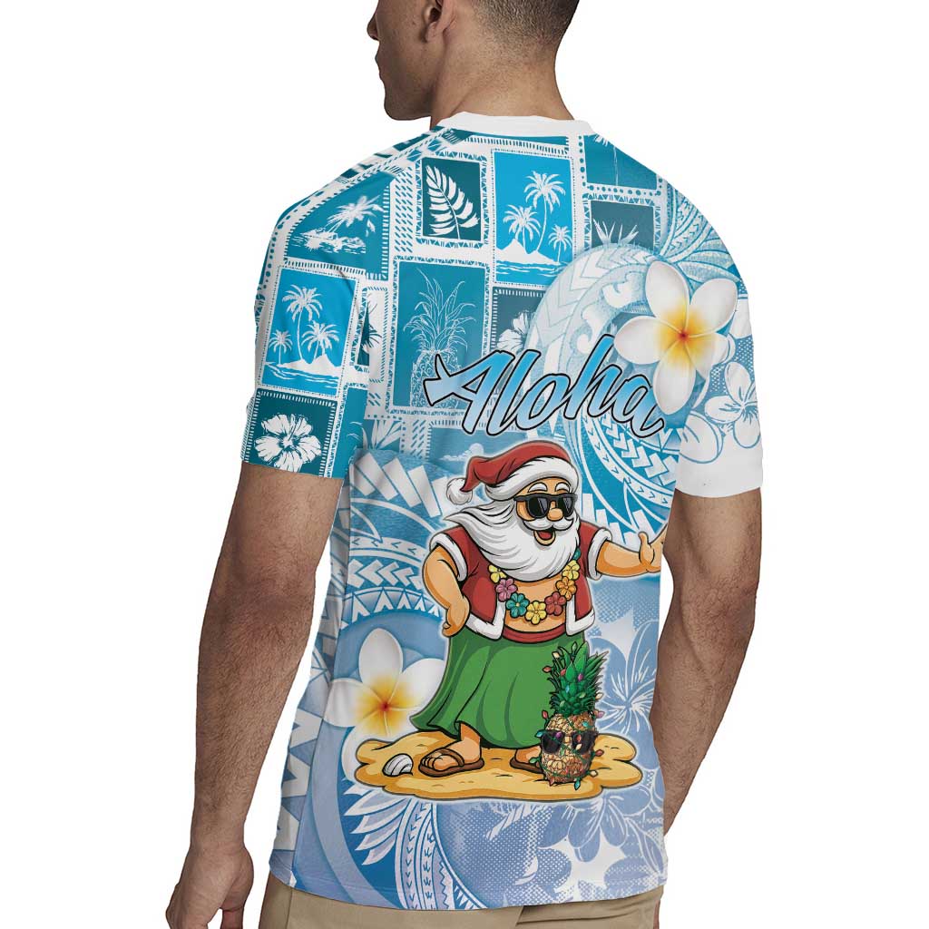 Hawaii Mele Kalikimaka Rugby Jersey Hula Santa Retro Style Blue - Polynesian Pride