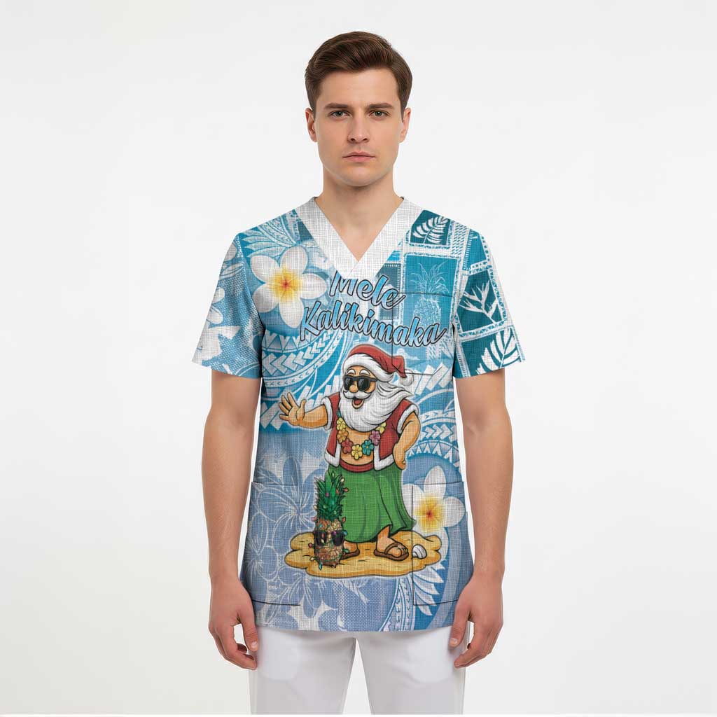 Hawaii Mele Kalikimaka Scrub Top Hula Santa Retro Style Blue - Polynesian Pride