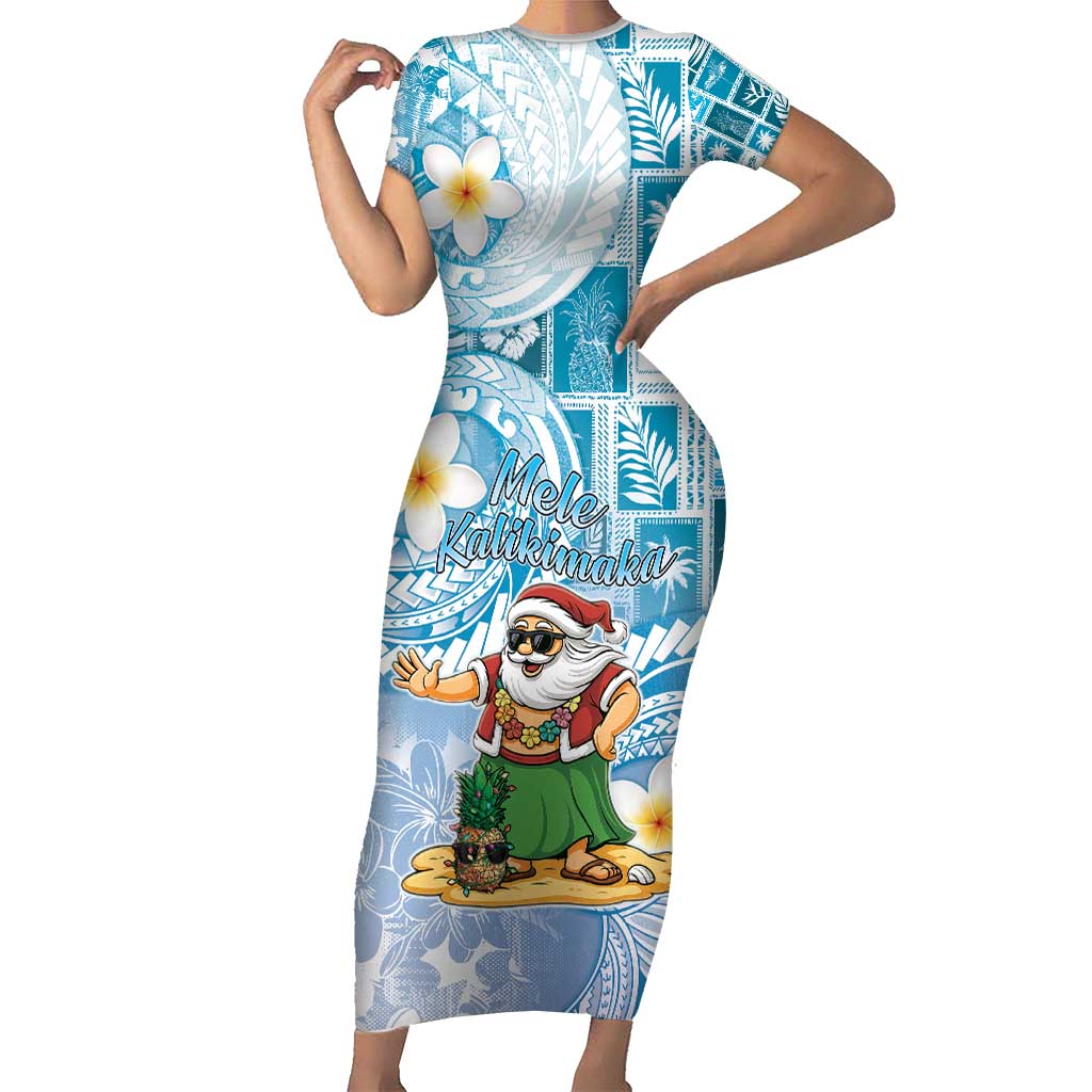 Hawaii Mele Kalikimaka Short Sleeve Bodycon Dress Hula Santa Retro Style Blue - Polynesian Pride