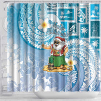 Hawaii Mele Kalikimaka Shower Curtain Hula Santa Retro Style Blue - Polynesian Pride