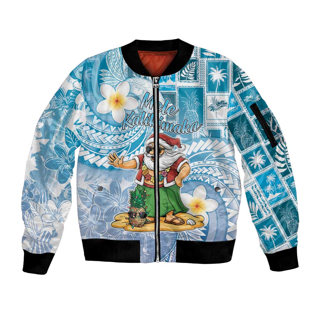 Hawaii Mele Kalikimaka Sleeve Zip Bomber Jacket Hula Santa Retro Style Blue - Polynesian Pride