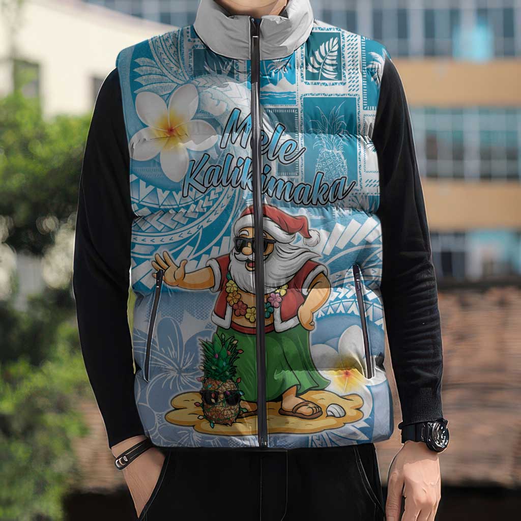 Hawaii Mele Kalikimaka Sleeveless Puffer Jacket Hula Santa Retro Style Blue - Polynesian Pride