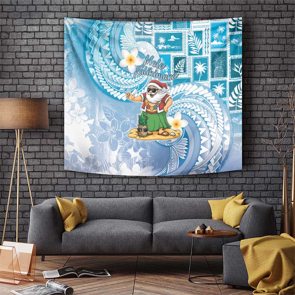 Hawaii Mele Kalikimaka Tapestry Hula Santa Retro Style Blue - Polynesian Pride