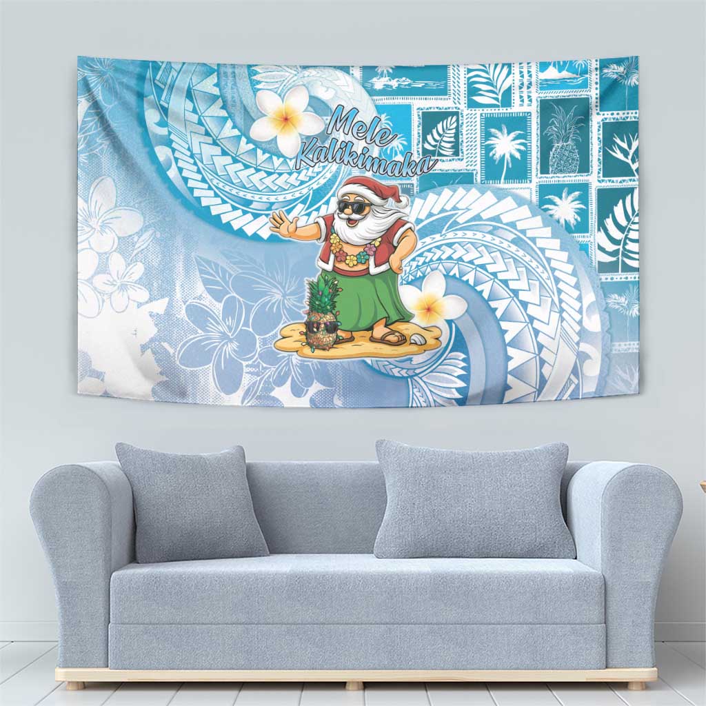 Hawaii Mele Kalikimaka Tapestry Hula Santa Retro Style Blue - Polynesian Pride