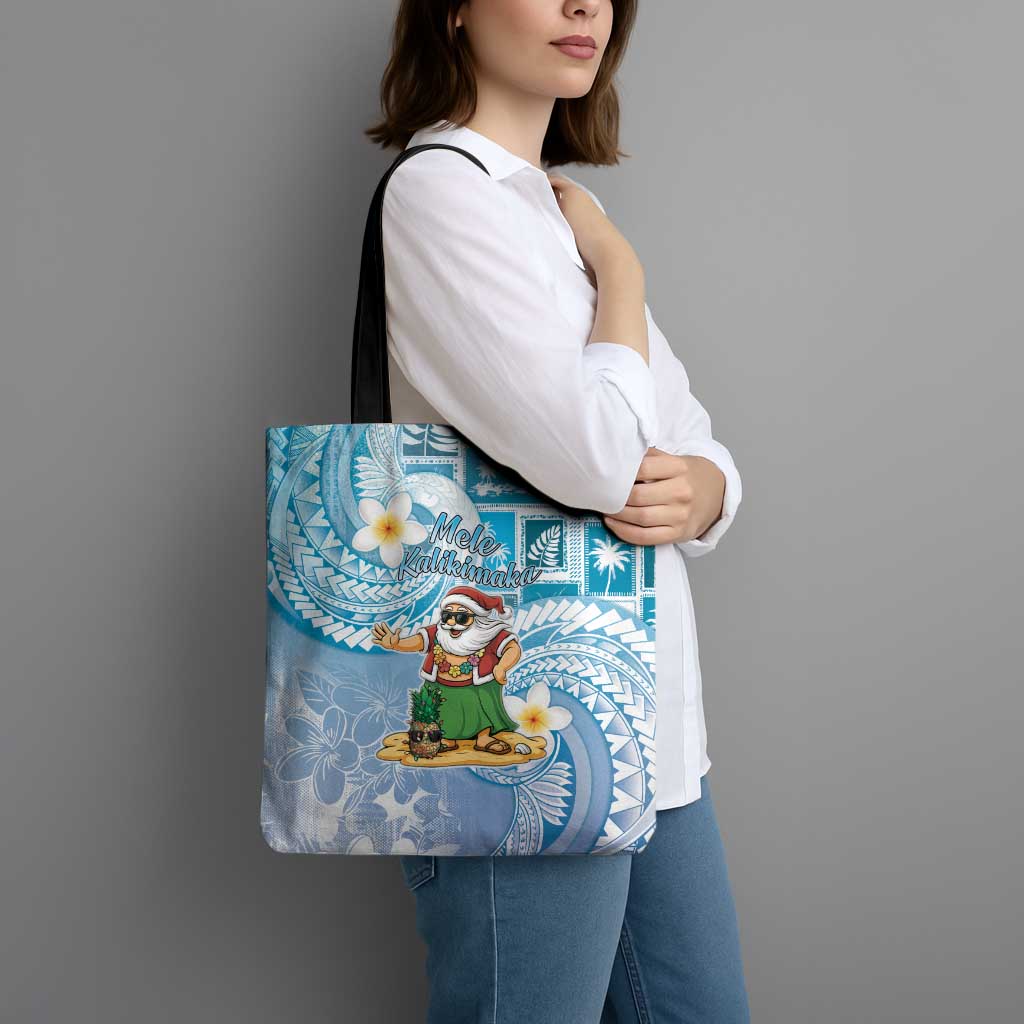 Hawaii Mele Kalikimaka Tote Bag Hula Santa Retro Style Blue - Polynesian Pride