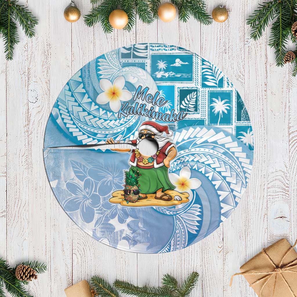 Hawaii Mele Kalikimaka Tree Skirt Hula Santa Retro Style Blue - Polynesian Pride