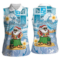 Hawaii Mele Kalikimaka Women Sleeveless Polo Shirt Hula Santa Retro Style Blue - Polynesian Pride