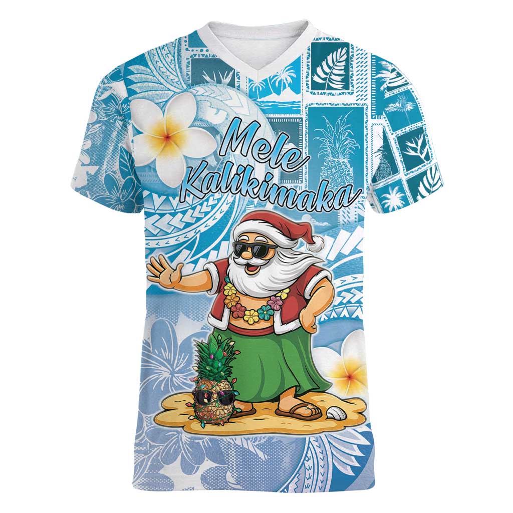 Hawaii Mele Kalikimaka Women V-Neck T-Shirt Hula Santa Retro Style Blue - Polynesian Pride