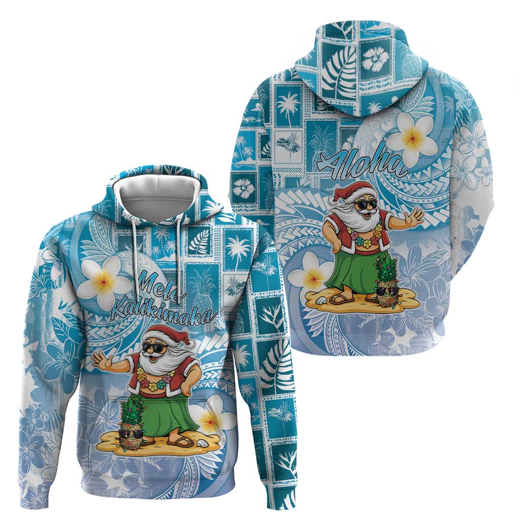 Hawaii Mele Kalikimaka Zip Hoodie Hula Santa Retro Style Blue - Polynesian Pride