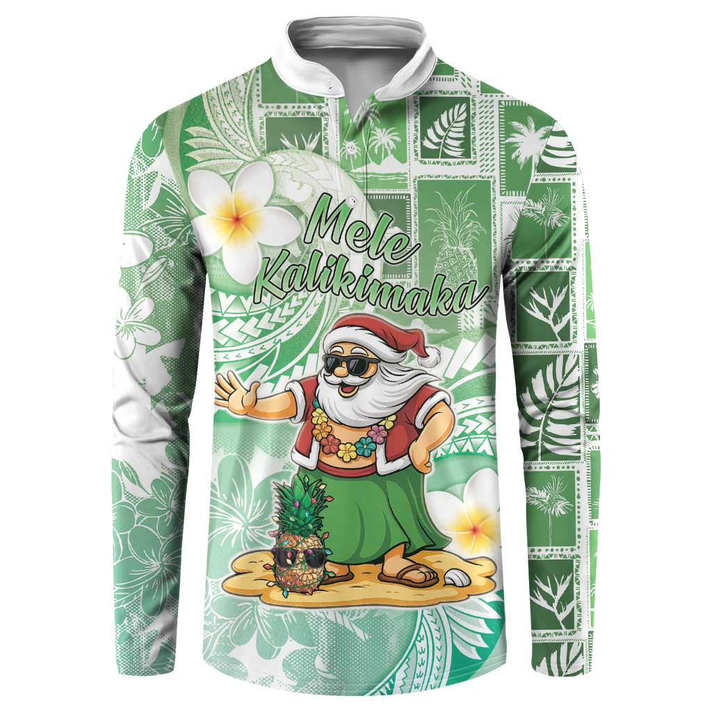 Hawaii Mele Kalikimaka Button Sweatshirt Hula Santa Retro Style Green - Polynesian Pride