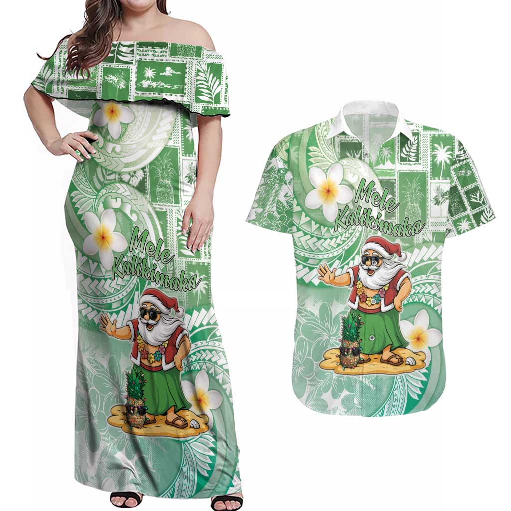 Hawaii Mele Kalikimaka Couples Matching Off Shoulder Maxi Dress and Hawaiian Shirt Hula Santa Retro Style Green - Polynesian Pride