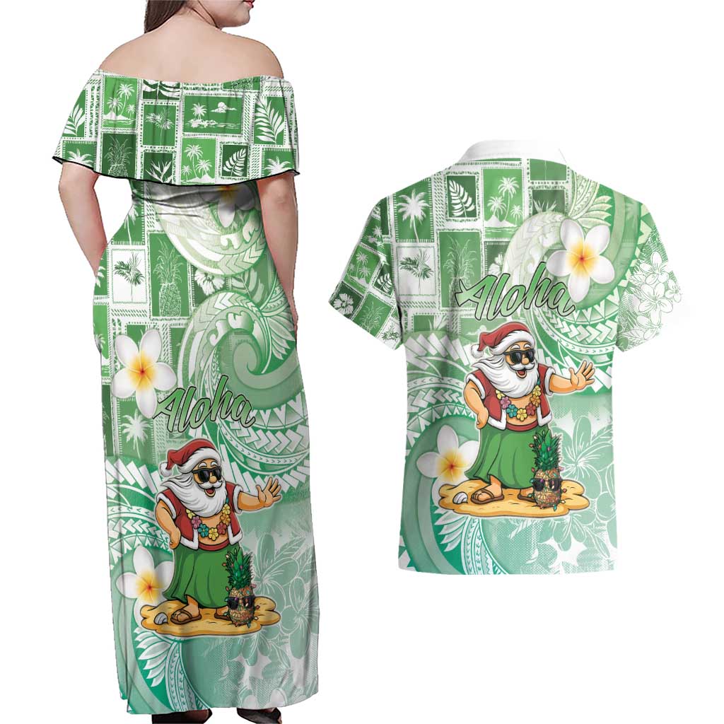 Hawaii Mele Kalikimaka Couples Matching Off Shoulder Maxi Dress and Hawaiian Shirt Hula Santa Retro Style Green - Polynesian Pride