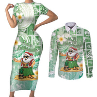 Hawaii Mele Kalikimaka Couples Matching Short Sleeve Bodycon Dress and Long Sleeve Button Shirt Hula Santa Retro Style Green - Polynesian Pride