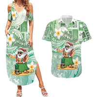 Hawaii Mele Kalikimaka Couples Matching Summer Maxi Dress and Hawaiian Shirt Hula Santa Retro Style Green - Polynesian Pride