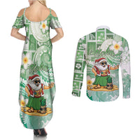 Hawaii Mele Kalikimaka Couples Matching Summer Maxi Dress and Long Sleeve Button Shirt Hula Santa Retro Style Green - Polynesian Pride
