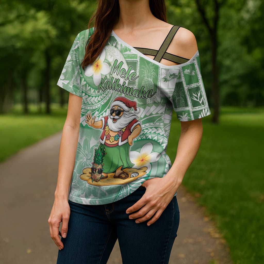 Hawaii Mele Kalikimaka Cross Shoulder Shirt Hula Santa Retro Style Green - Polynesian Pride