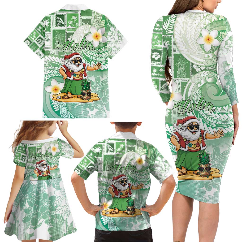 Hawaii Mele Kalikimaka Family Matching Long Sleeve Bodycon Dress and Hawaiian Shirt Hula Santa Retro Style Green - Polynesian Pride