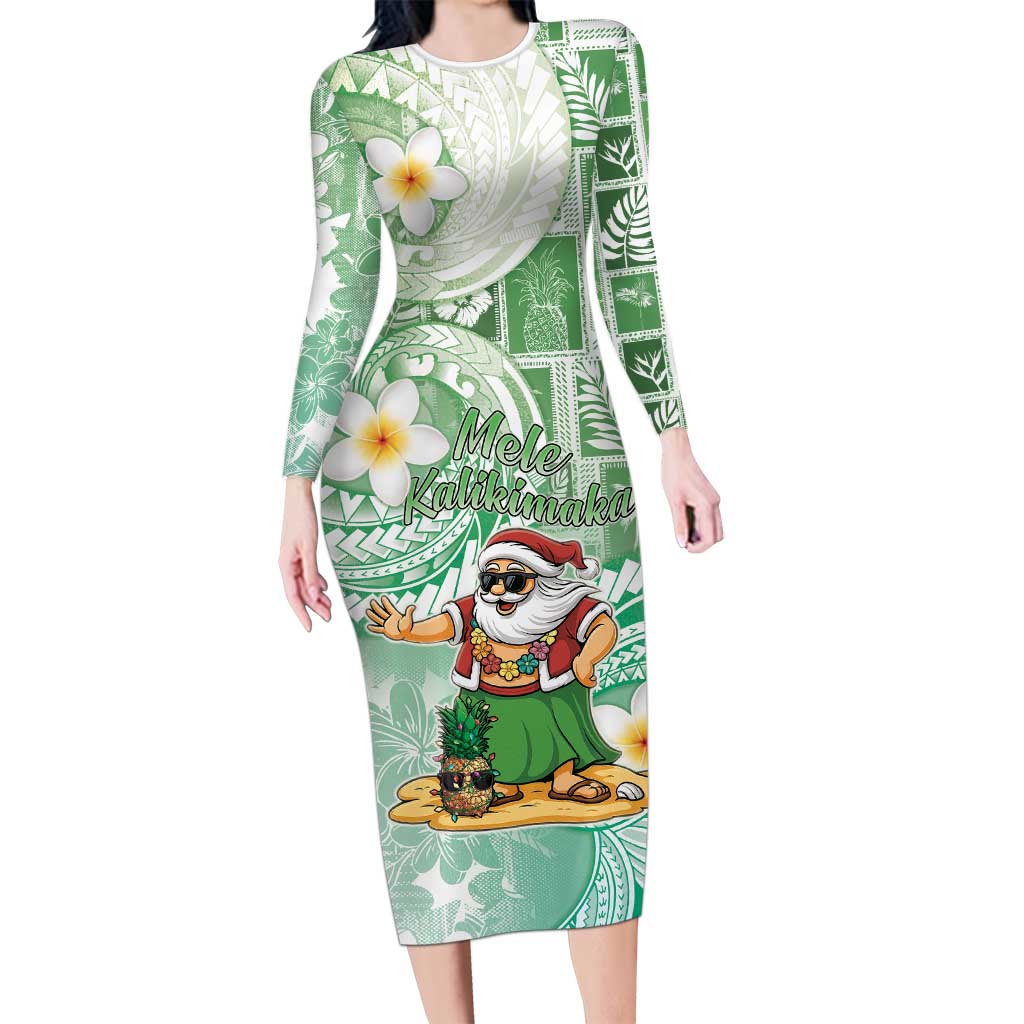 Hawaii Mele Kalikimaka Family Matching Long Sleeve Bodycon Dress and Hawaiian Shirt Hula Santa Retro Style Green - Polynesian Pride