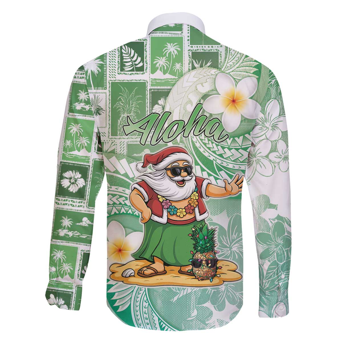 Hawaii Mele Kalikimaka Family Matching Off The Shoulder Long Sleeve Dress and Hawaiian Shirt Hula Santa Retro Style Green - Polynesian Pride