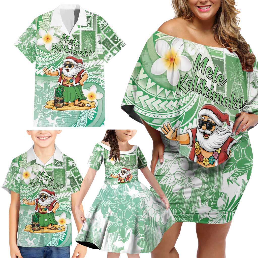 Hawaii Mele Kalikimaka Family Matching Off Shoulder Short Dress and Hawaiian Shirt Hula Santa Retro Style Green - Polynesian Pride