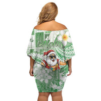 Hawaii Mele Kalikimaka Family Matching Off Shoulder Short Dress and Hawaiian Shirt Hula Santa Retro Style Green - Polynesian Pride
