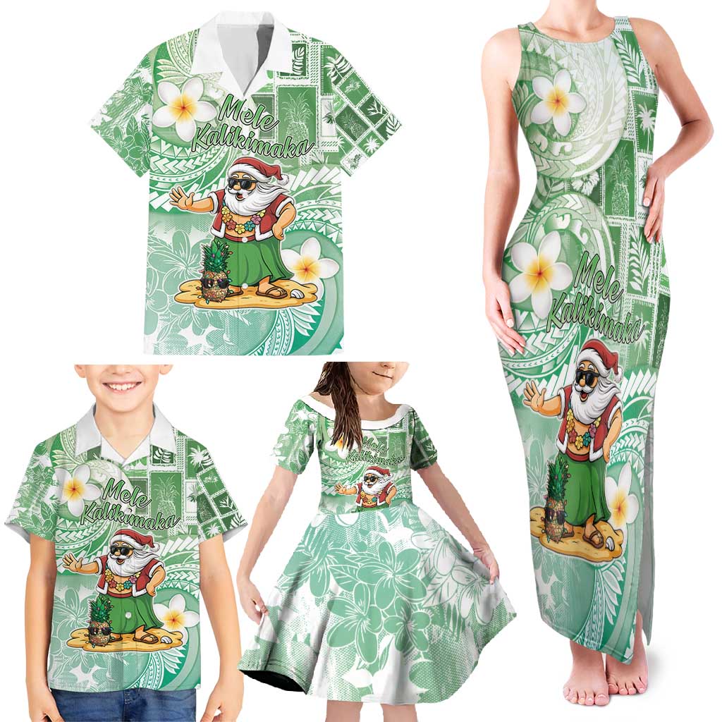 Hawaii Mele Kalikimaka Family Matching Tank Maxi Dress and Hawaiian Shirt Hula Santa Retro Style Green - Polynesian Pride