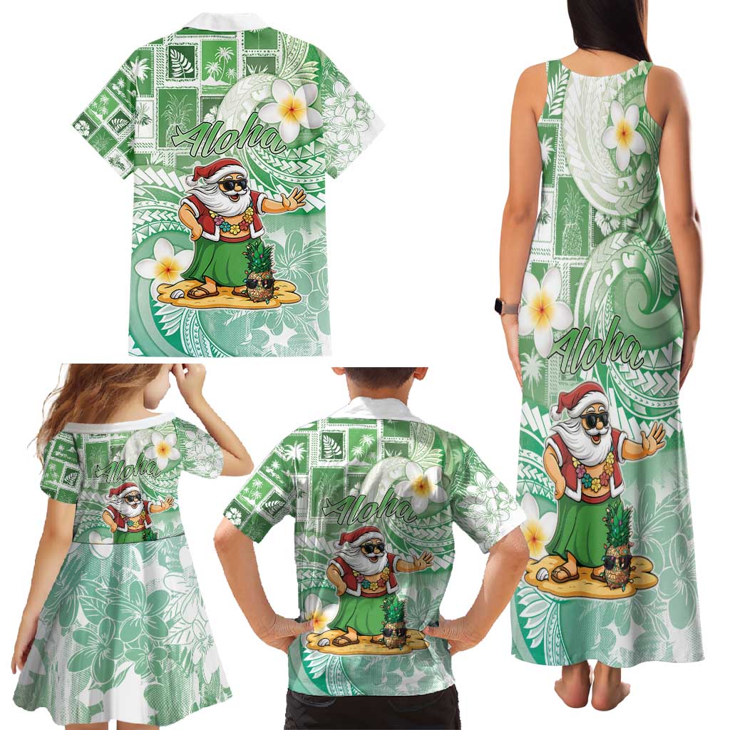 Hawaii Mele Kalikimaka Family Matching Tank Maxi Dress and Hawaiian Shirt Hula Santa Retro Style Green - Polynesian Pride
