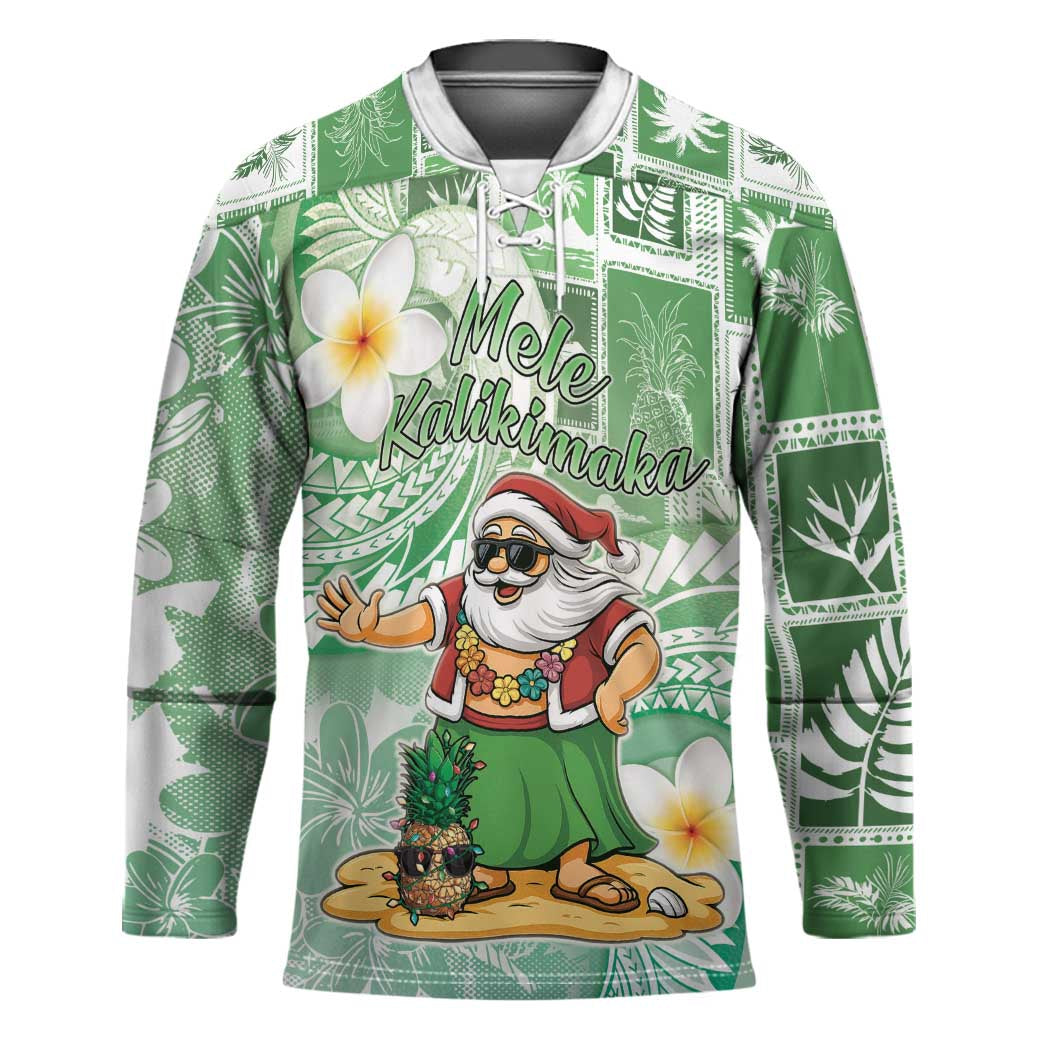 Hawaii Mele Kalikimaka Hockey Jersey Hula Santa Retro Style Green LT05 Unisex Green - Polynesian Pride