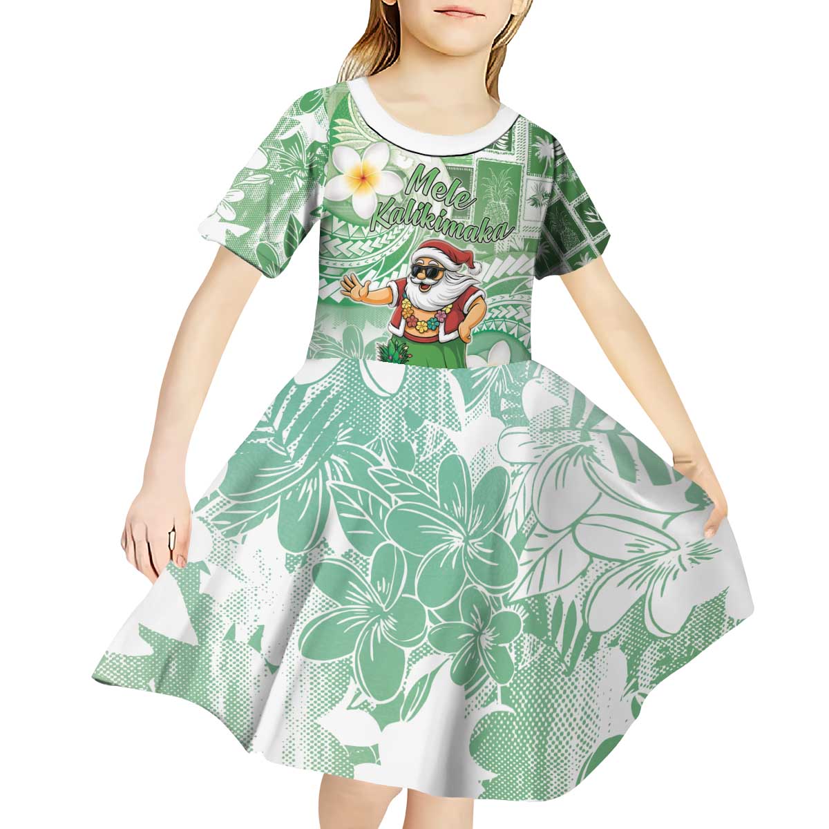 Hawaii Mele Kalikimaka Kid Short Sleeve Dress Hula Santa Retro Style Green - Polynesian Pride