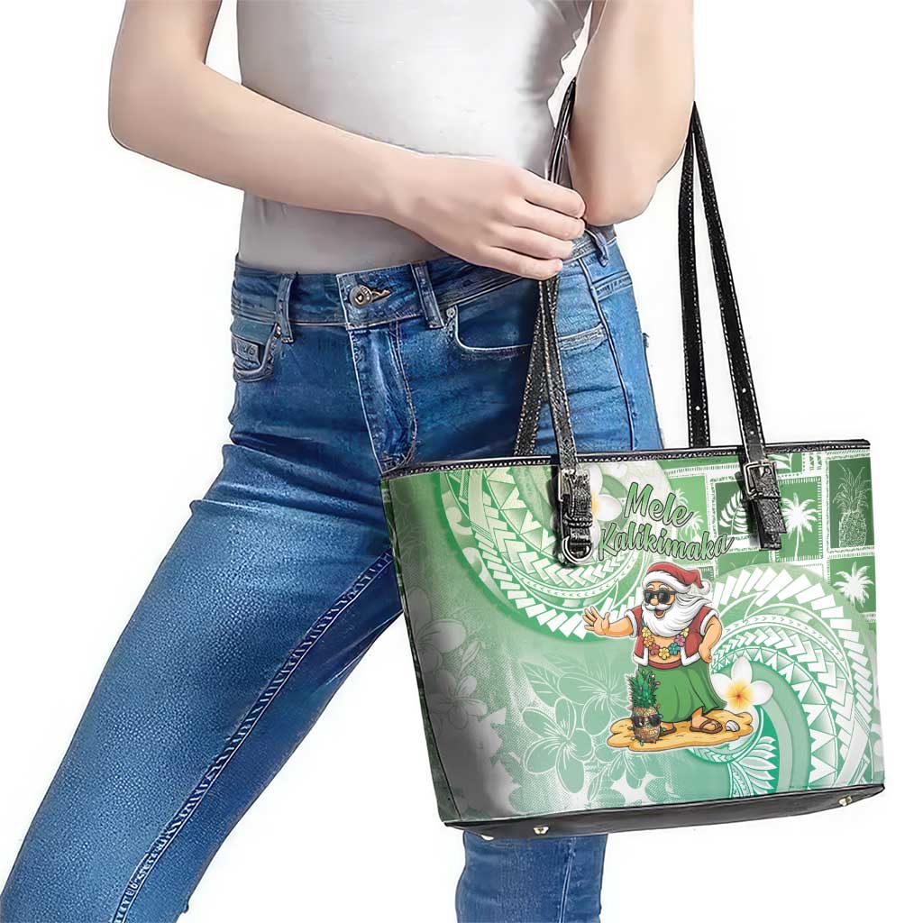 Hawaii Mele Kalikimaka Leather Tote Bag Hula Santa Retro Style Green - Polynesian Pride