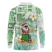 Hawaii Mele Kalikimaka Long Sleeve Polo Shirt Hula Santa Retro Style Green - Polynesian Pride