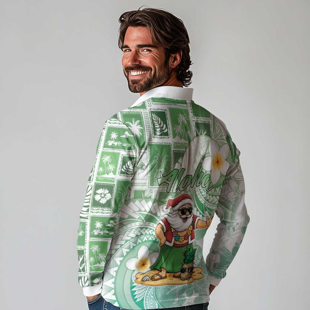 Hawaii Mele Kalikimaka Long Sleeve Polo Shirt Hula Santa Retro Style Green - Polynesian Pride