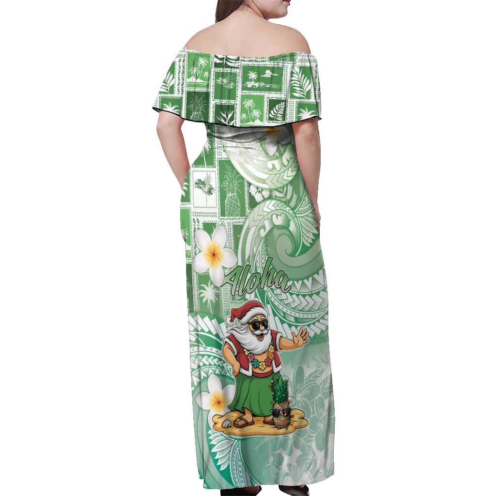 Hawaii Mele Kalikimaka Off Shoulder Maxi Dress Hula Santa Retro Style Green - Polynesian Pride