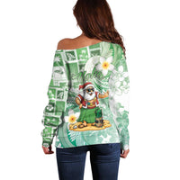 Hawaii Mele Kalikimaka Off Shoulder Sweater Hula Santa Retro Style Green - Polynesian Pride