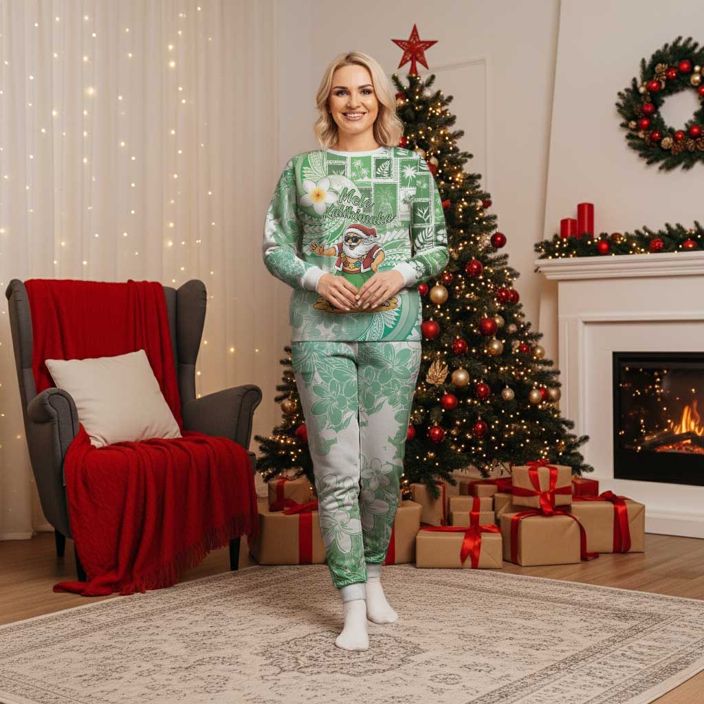 Hawaii Mele Kalikimaka Christmas Pajama Set Hula Santa Retro Style Green - Polynesian Pride