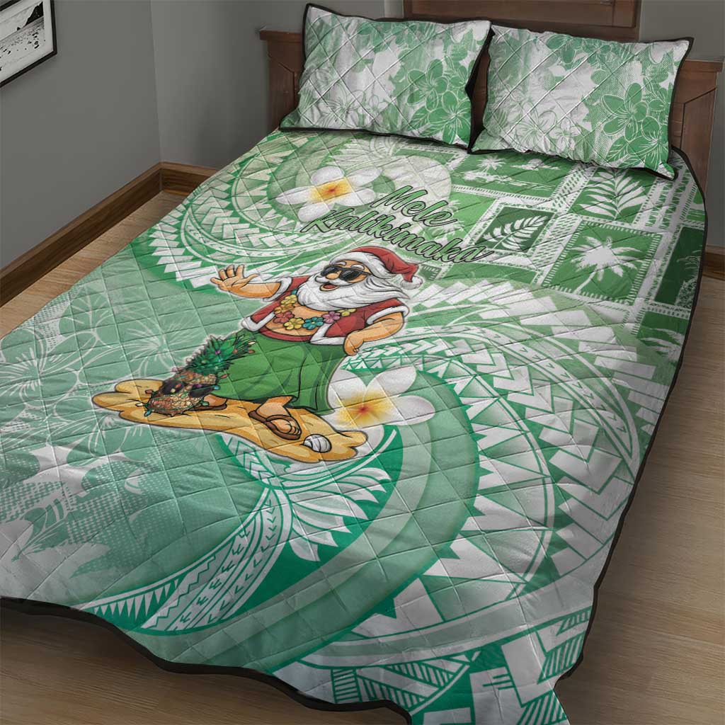 Hawaii Mele Kalikimaka Quilt Bed Set Hula Santa Retro Style Green - Polynesian Pride