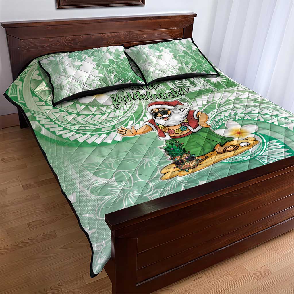 Hawaii Mele Kalikimaka Quilt Bed Set Hula Santa Retro Style Green - Polynesian Pride