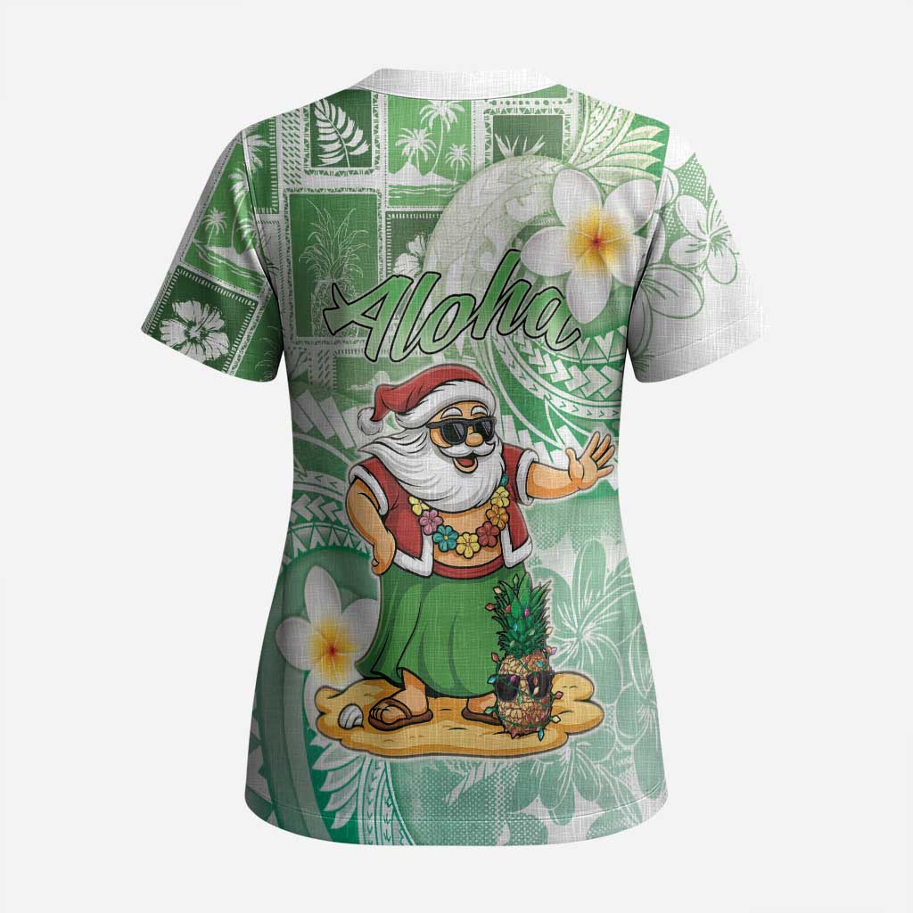 Hawaii Mele Kalikimaka Scrub Top Hula Santa Retro Style Green - Polynesian Pride